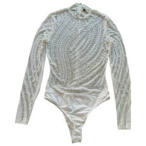 Embellished Sheer Mesh Bodysuit White Beaded Long Sleeve Mock Neck Size Medium